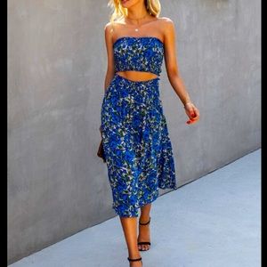 New Bright Blue Floral Shirred Ruched Ditsy Stretch Crop Tube Top & Skirt Set S